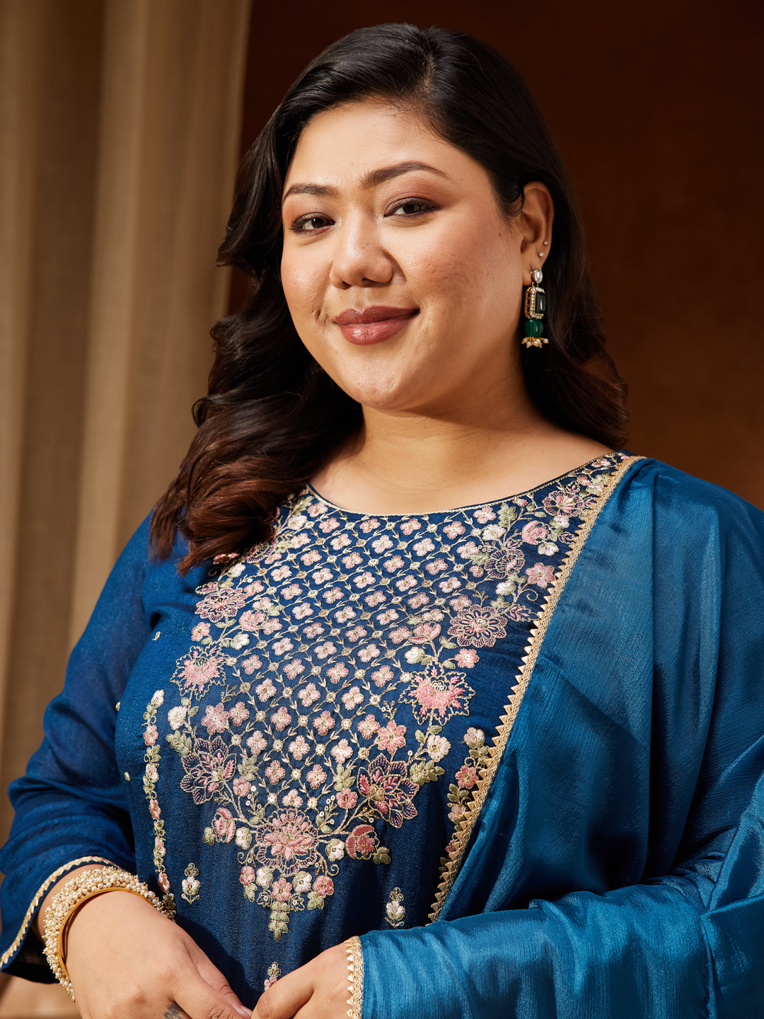 Janasya Women's Plus Size Teal Blue Silk Blend Zari Embroidered Straight Kurta Set