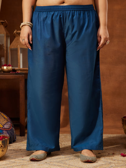 Janasya Women's Plus Size Teal Blue Silk Blend Zari Embroidered Straight Kurta Set