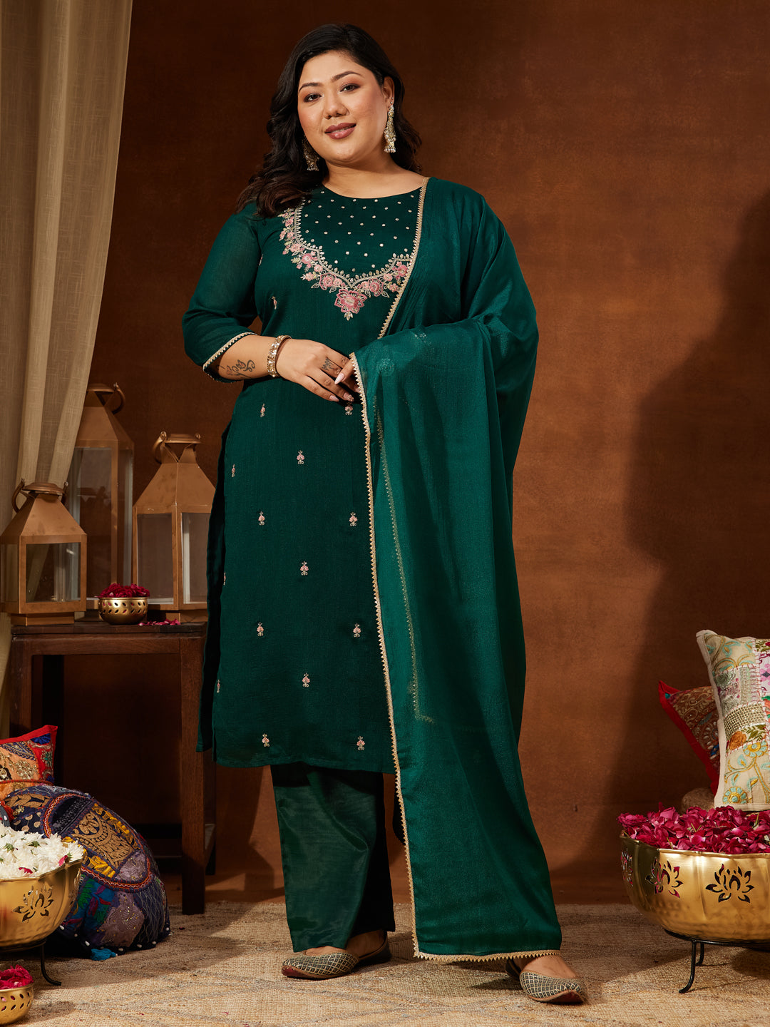 Janasya Women's Plus Size Bottle Green Silk Blend Zari Embroidered Straight Kurta Set