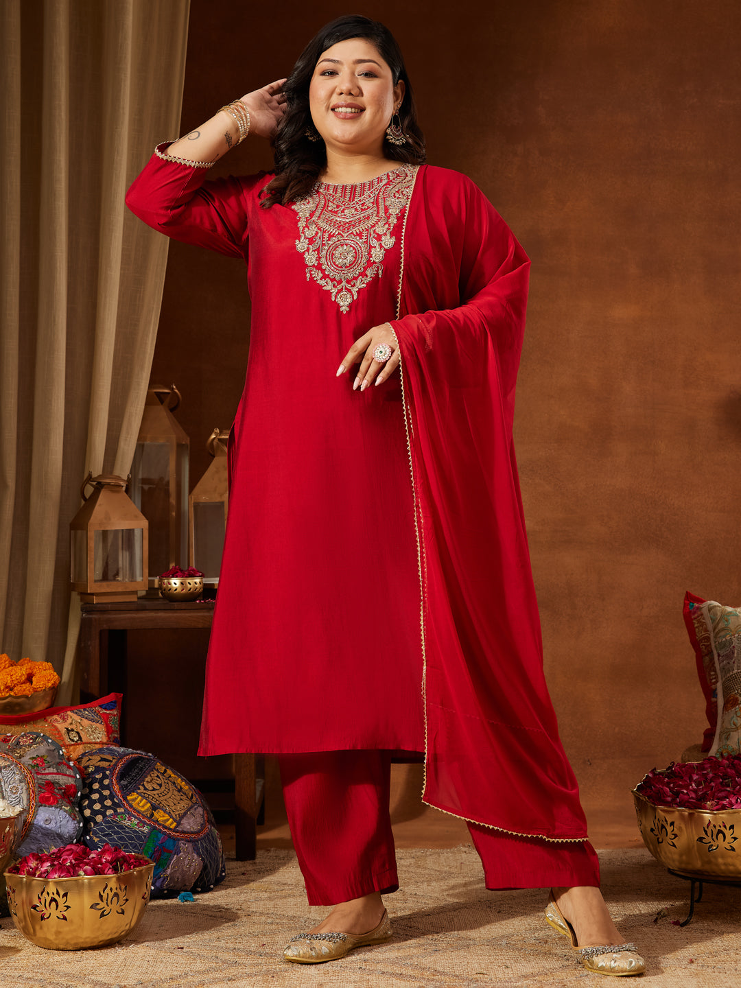Janasya Women's Plus Size Maroon Chanderi Silk Yoke Embroidered Straight Kurta Set