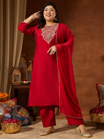Janasya Women's Plus Size Maroon Chanderi Silk Yoke Embroidered Straight Kurta Set