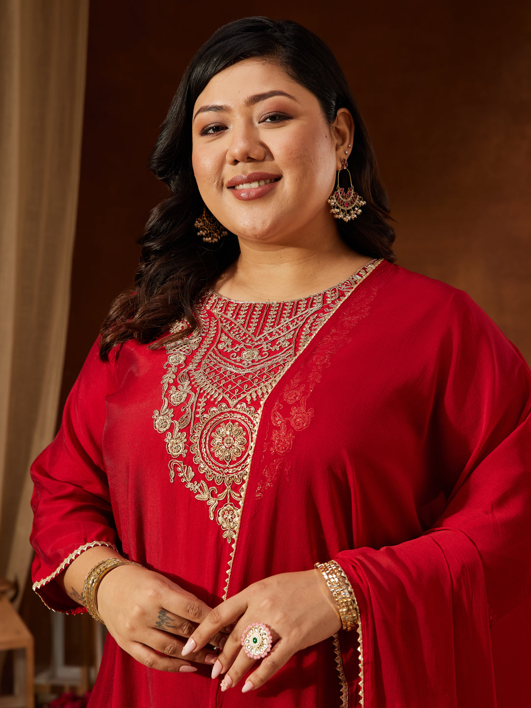 Janasya Women's Plus Size Maroon Chanderi Silk Yoke Embroidered Straight Kurta Set