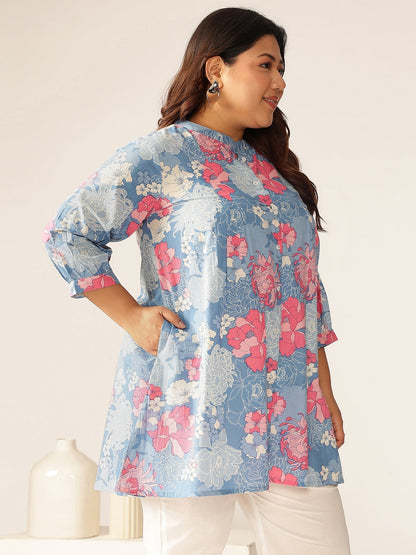 Plus Size Blue Pure Cotton Floral Printed A-line Tunic