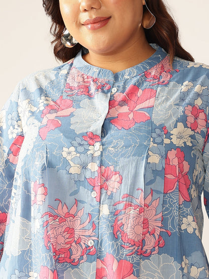 Plus Size Blue Pure Cotton Floral Printed A-line Tunic