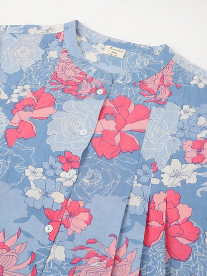 Plus Size Blue Pure Cotton Floral Printed A-line Tunic
