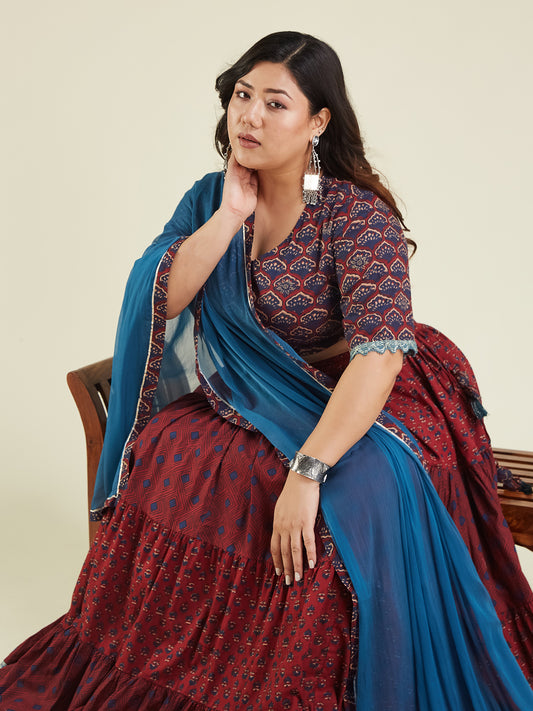 Janasya Women's Plus Size Maroon Pure Cotton Ethnic Motifs Printed Tiered Lehenga Choli Set