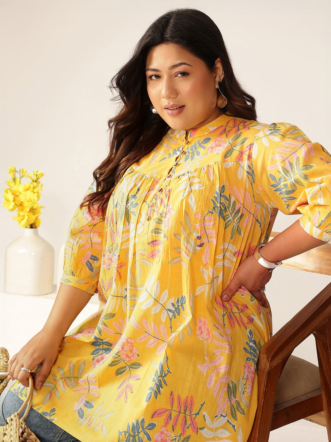 white christmas dresses Indian Pure Cotton Roll Tab 3/4 Sleeve Long Tunic | Plus Size Kurti Tunic Women main image 0