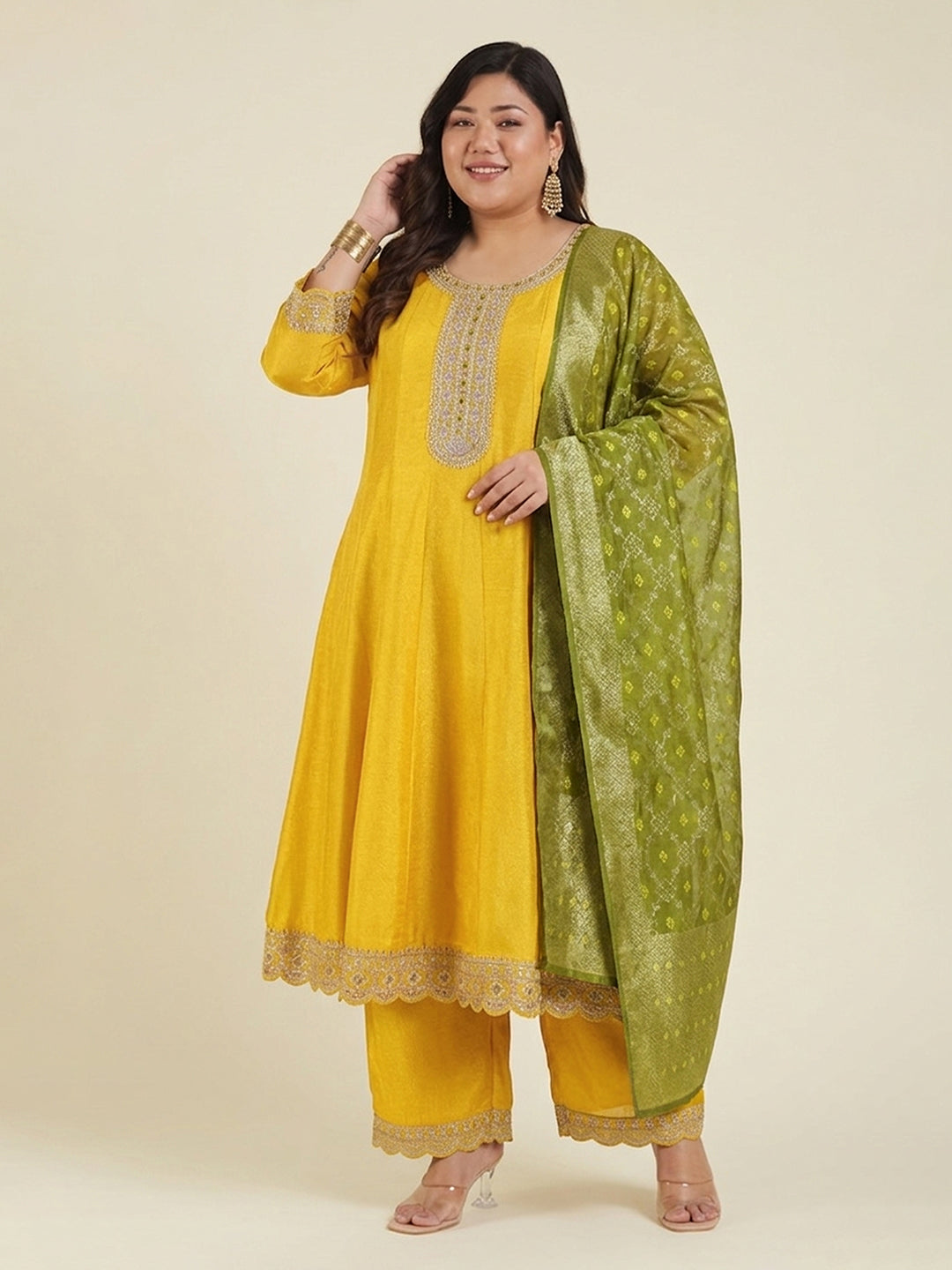 Janasya Women's Plus Size Yellow Silk Blend Yoke Embroidered Embellished Anarkali Kurta Set
