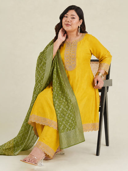 Janasya Women's Plus Size Yellow Silk Blend Yoke Embroidered Embellished Anarkali Kurta Set