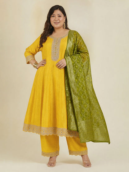 Janasya Women's Plus Size Yellow Silk Blend Yoke Embroidered Embellished Anarkali Kurta Set