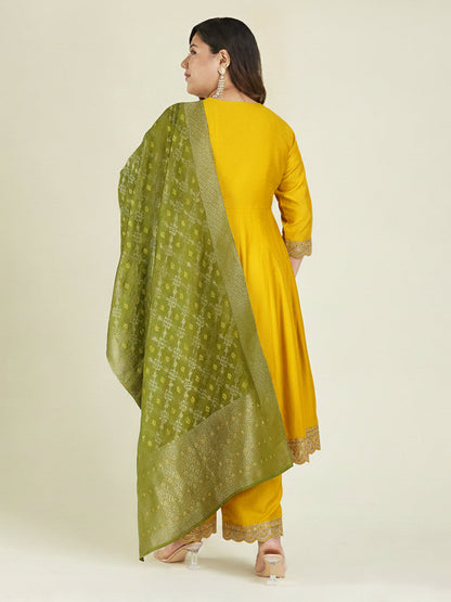 Janasya Women's Plus Size Yellow Silk Blend Yoke Embroidered Embellished Anarkali Kurta Set
