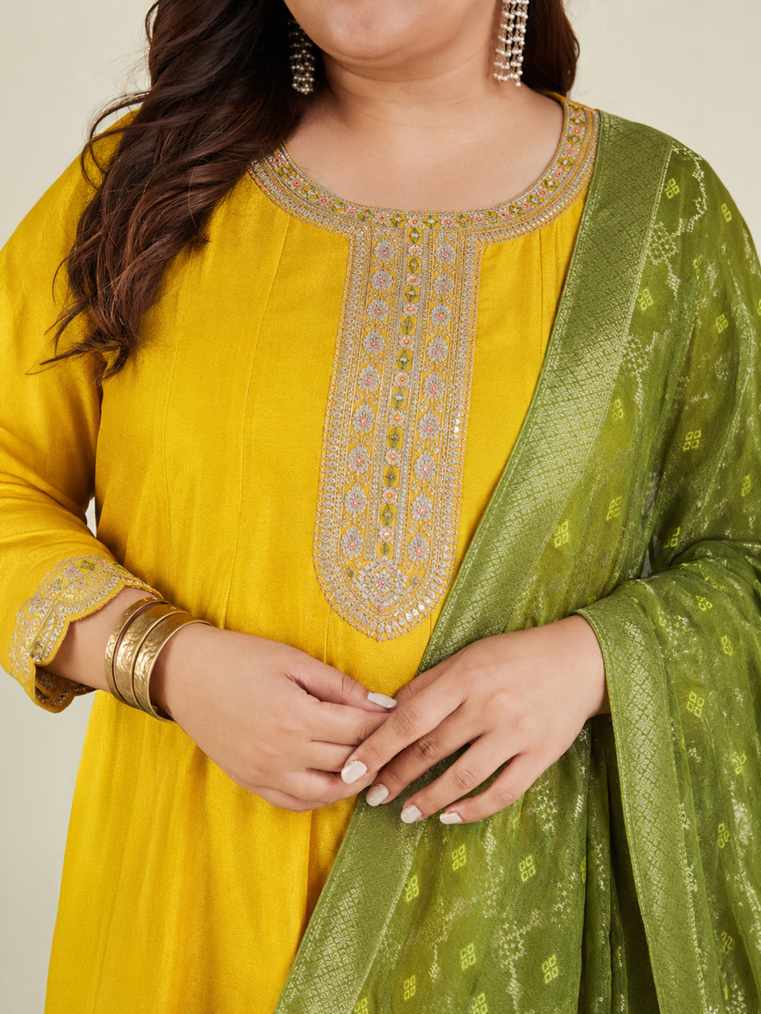 Janasya Women's Plus Size Yellow Silk Blend Yoke Embroidered Embellished Anarkali Kurta Set