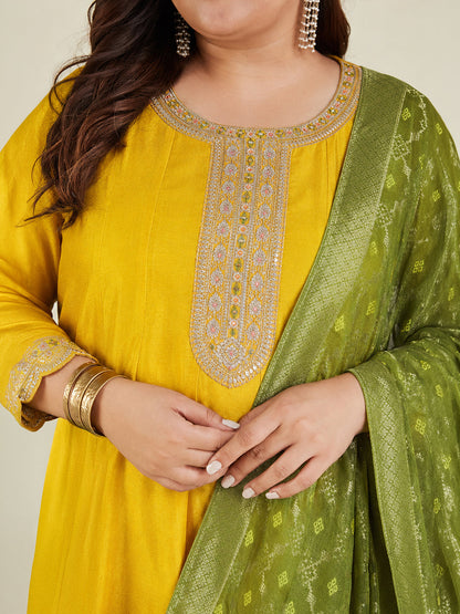 Janasya Women's Plus Size Yellow Silk Blend Yoke Embroidered Embellished Anarkali Kurta Set
