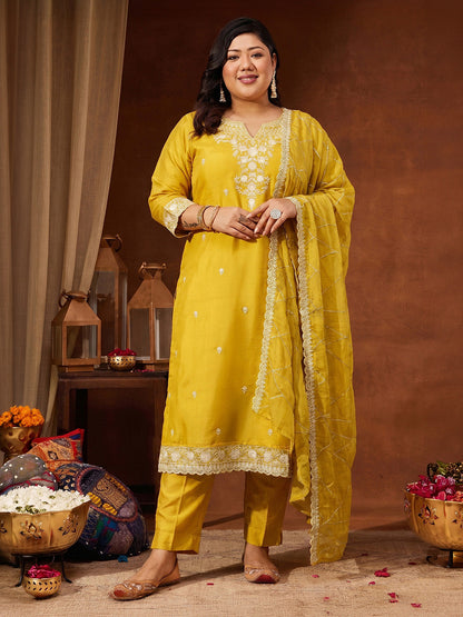 Janasya Women's Plus Size Yellow Silk Blend Embroidered Straight Kurta Set with Thread Work Dupatta