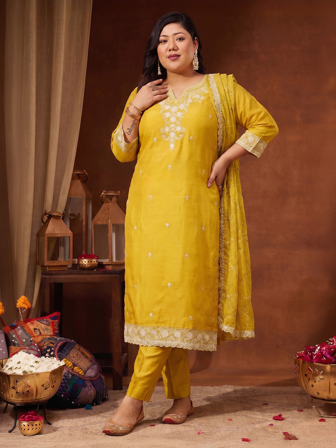 Janasya Women's Plus Size Yellow Silk Blend Embroidered Straight Kurta Set with Thread Work Dupatta