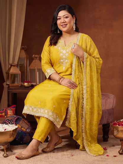 Janasya Women's Plus Size Yellow Silk Blend Embroidered Straight Kurta Set with Thread Work Dupatta