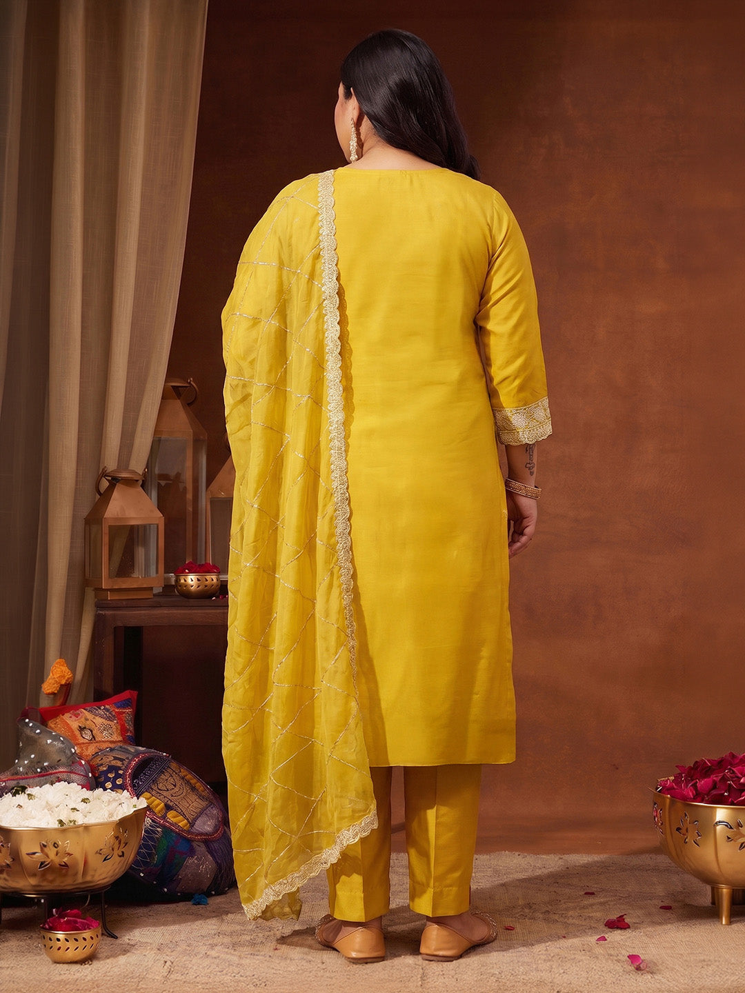 Janasya Women's Plus Size Yellow Silk Blend Embroidered Straight Kurta Set with Thread Work Dupatta