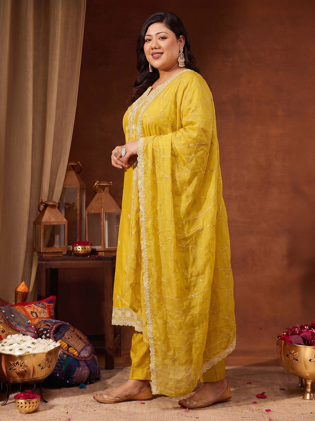 Janasya Women's Plus Size Yellow Silk Blend Embroidered Straight Kurta Set with Thread Work Dupatta
