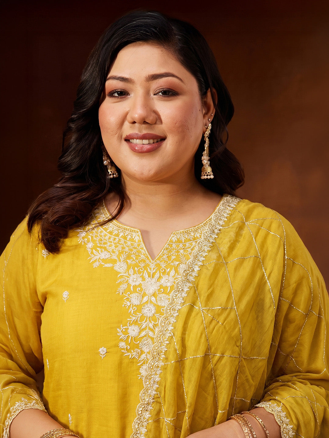 Janasya Women's Plus Size Yellow Silk Blend Embroidered Straight Kurta Set with Thread Work Dupatta