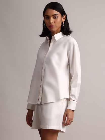 White Cotton Solid Shirt Style Co-Ord Set