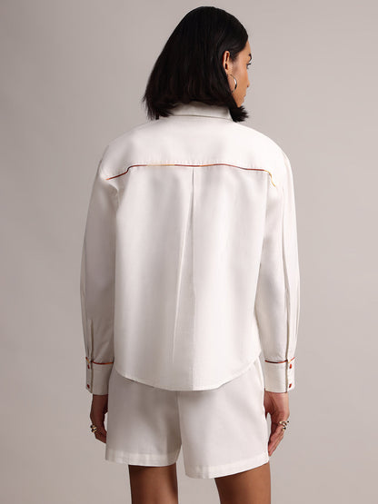 White Cotton Solid Shirt Style Co-Ord Set