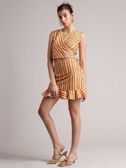 Yellow Poplin Striped Wrap Co-Ord Set