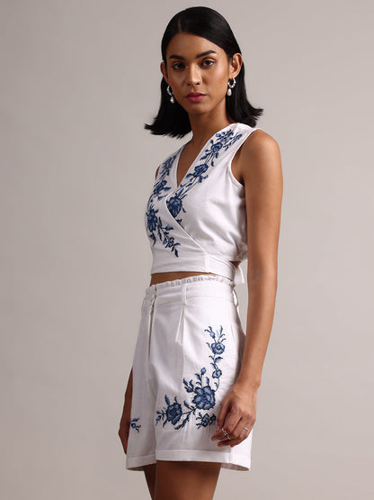 White Cotton Embroidered Wrap Back Tie-Up Co-Ord Set