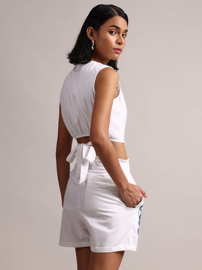 White Cotton Embroidered Wrap Back Tie-Up Co-Ord Set