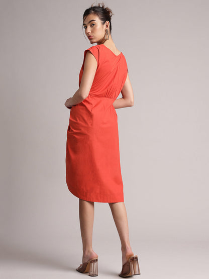 Rust Poplin Solid Ruching Style Dress