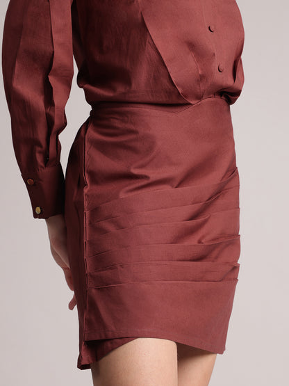 Brown Cotton Blend Solid Pleated Dress