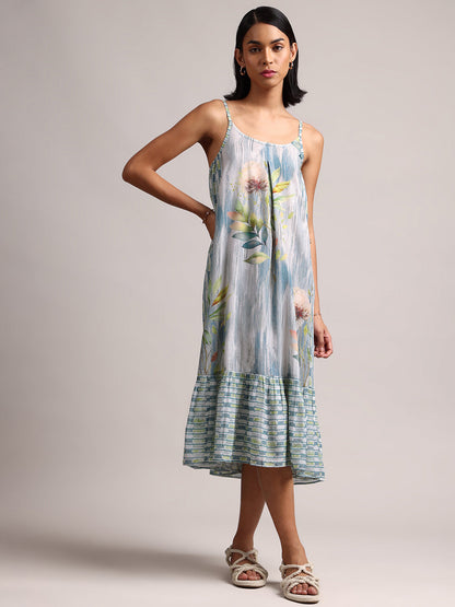 Blue Cotton Linen Tropical Tiered Dress