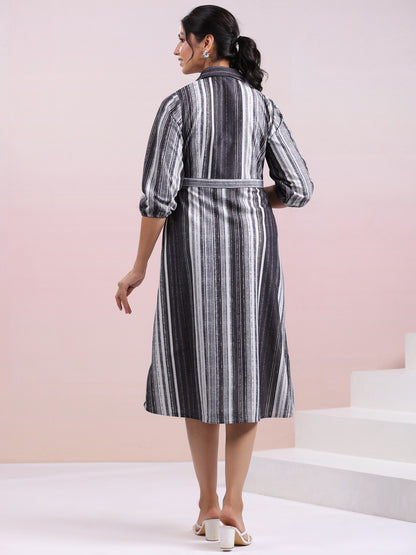 Grey Corduroy Striped A-Line Dress