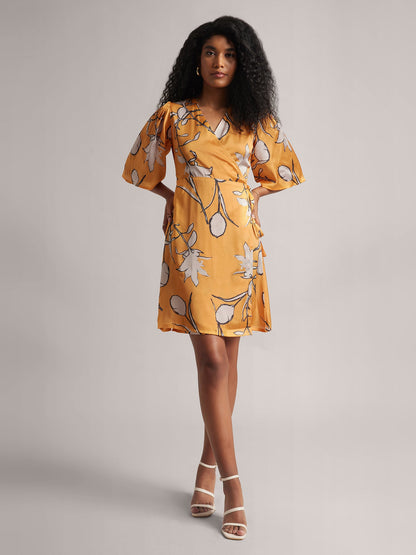 Mustard Satin Floral Wrap Dress