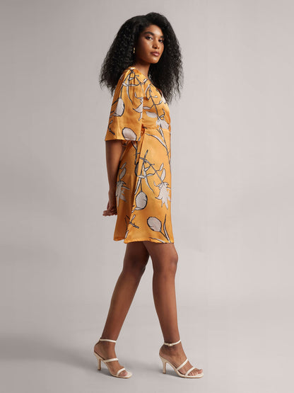 Mustard Satin Floral Wrap Dress