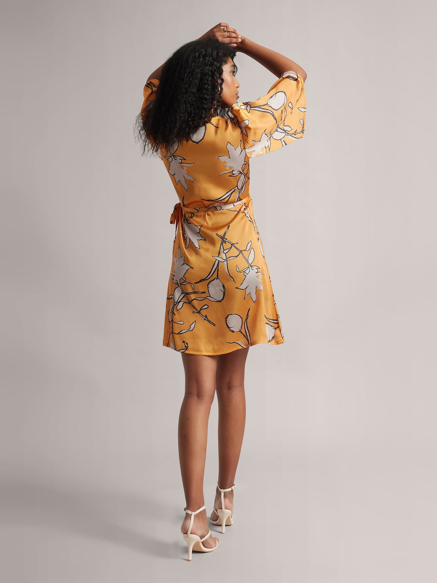 Mustard Satin Floral Wrap Dress