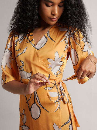 Mustard Satin Floral Wrap Dress