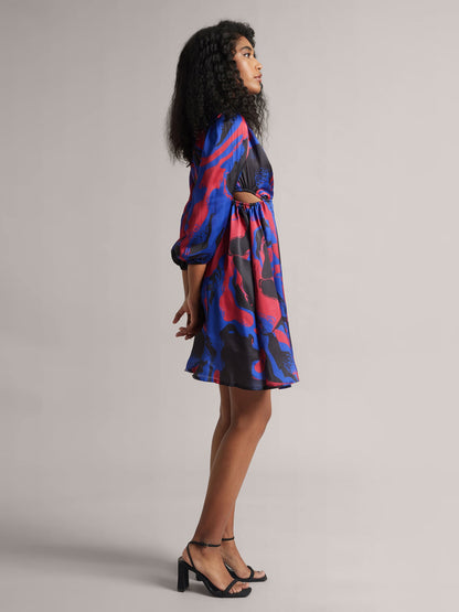 Blue Satin Abstract Side Cut-Out Dress