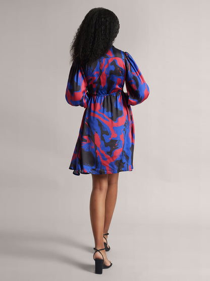 Blue Satin Abstract Side Cut-Out Dress