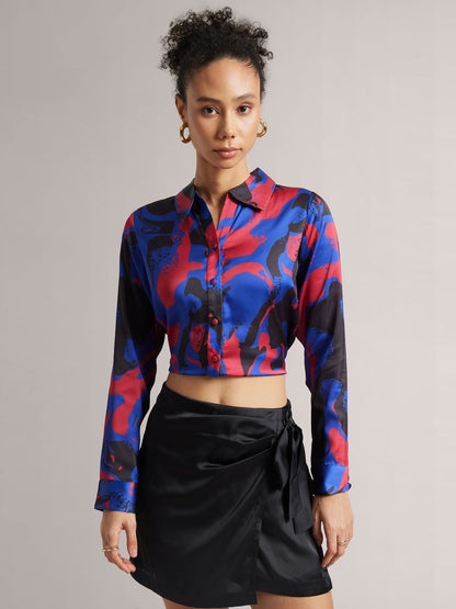 Blue Satin Abstract Regular Top