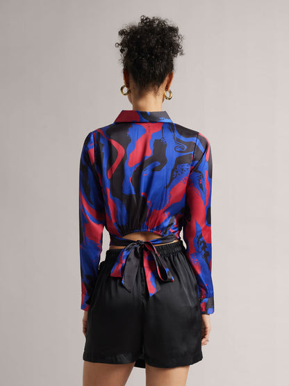 Blue Satin Abstract Regular Top