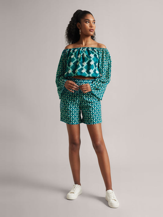 Teal Georgette Geometric Regular Co-ord Set