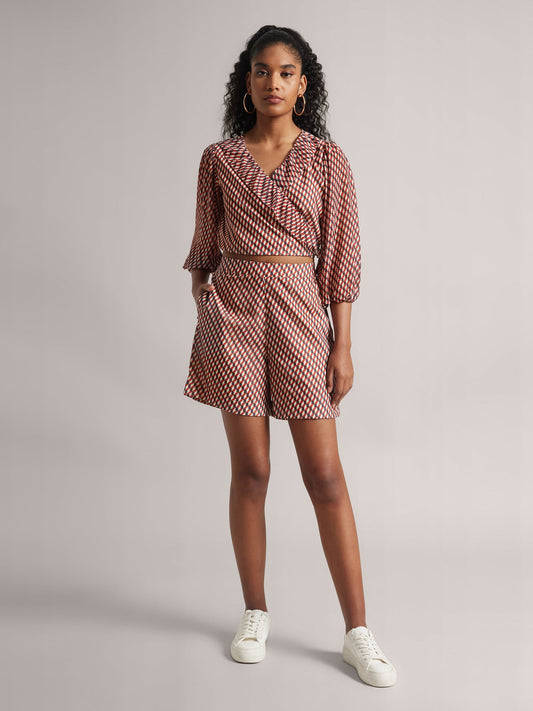 Brown Georgette Geometric Wrap Co-ord Set