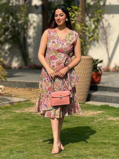 Pink Pure Cotton Floral Printed Tiered Dress
