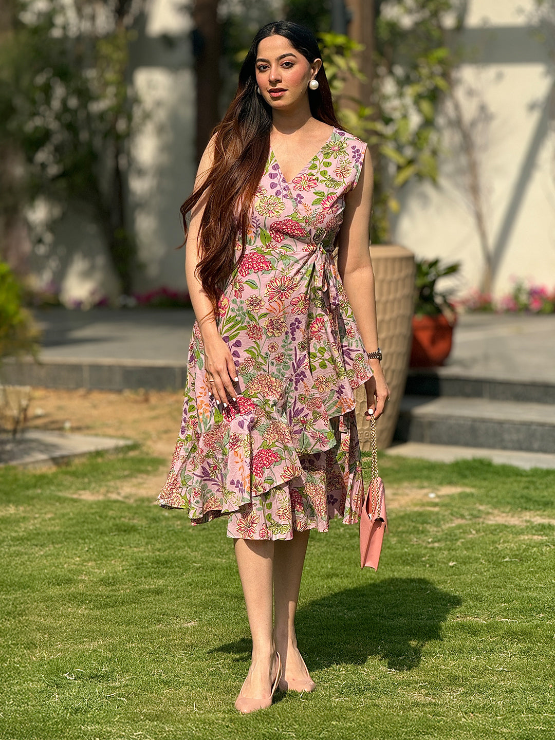 Pink Pure Cotton Floral Printed Tiered Dress