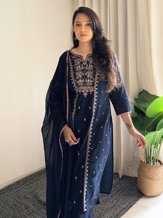 Janasya Women's Navy Blue Linen Cotton Embroidered Straight Kurta Set