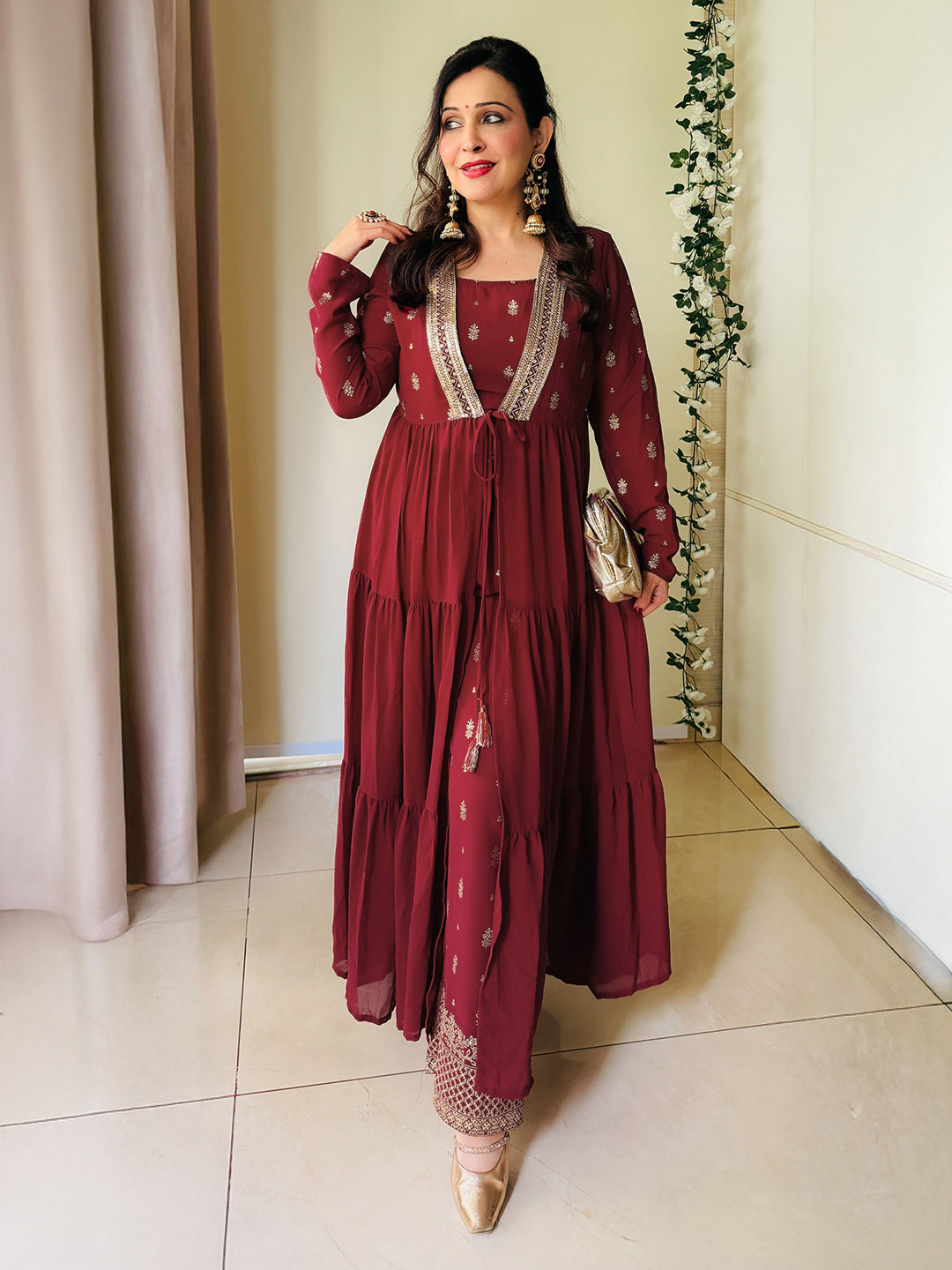 Janasya Women's Maroon Georgette Embellished Foil Printed Front-Open Tiered Kurta with Pant Set