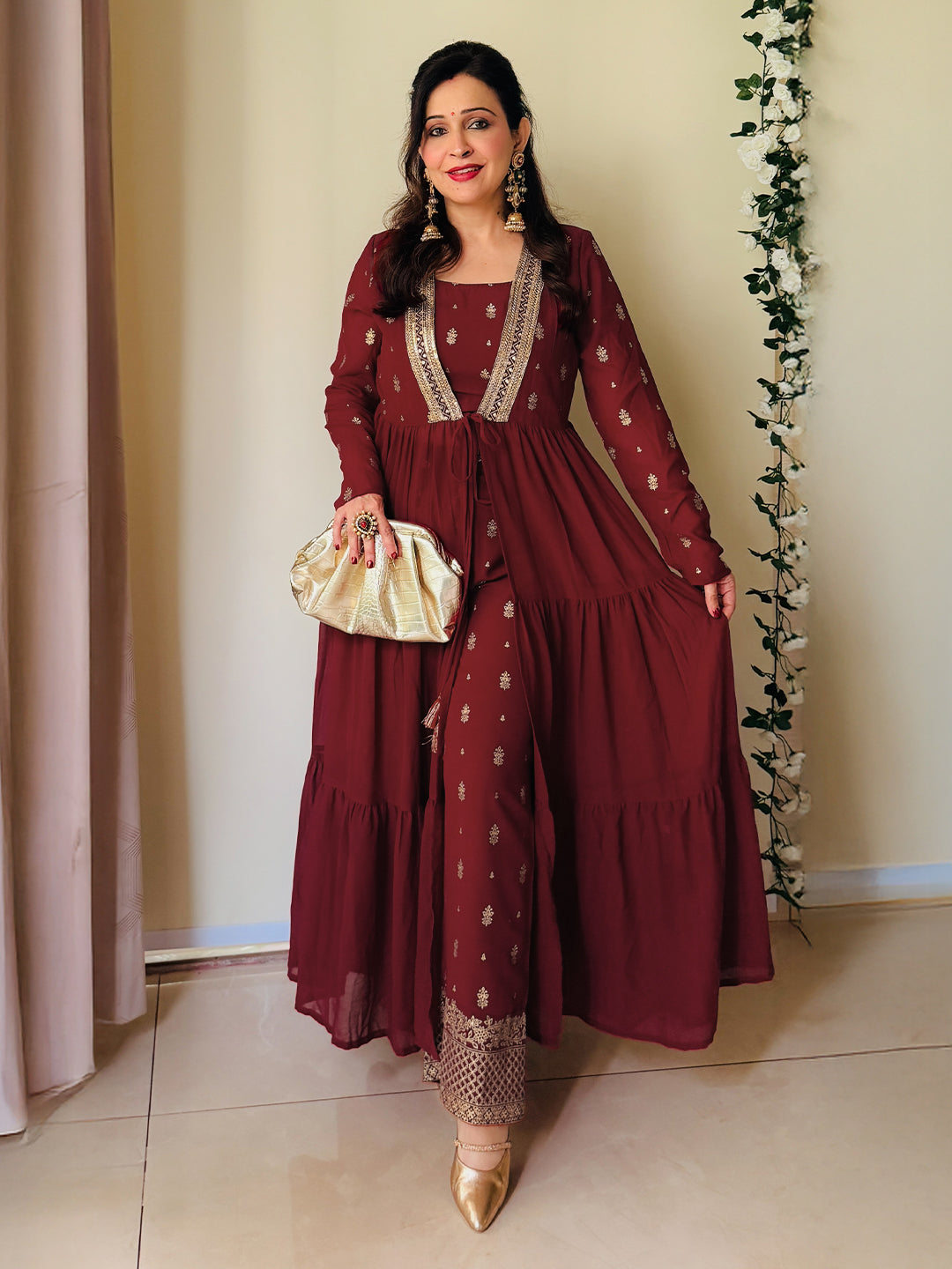 Janasya Women's Maroon Georgette Embellished Foil Printed Front-Open Tiered Kurta with Pant Set