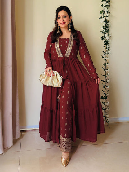 Janasya Women's Maroon Georgette Embellished Foil Printed Front-Open Tiered Kurta with Pant Set