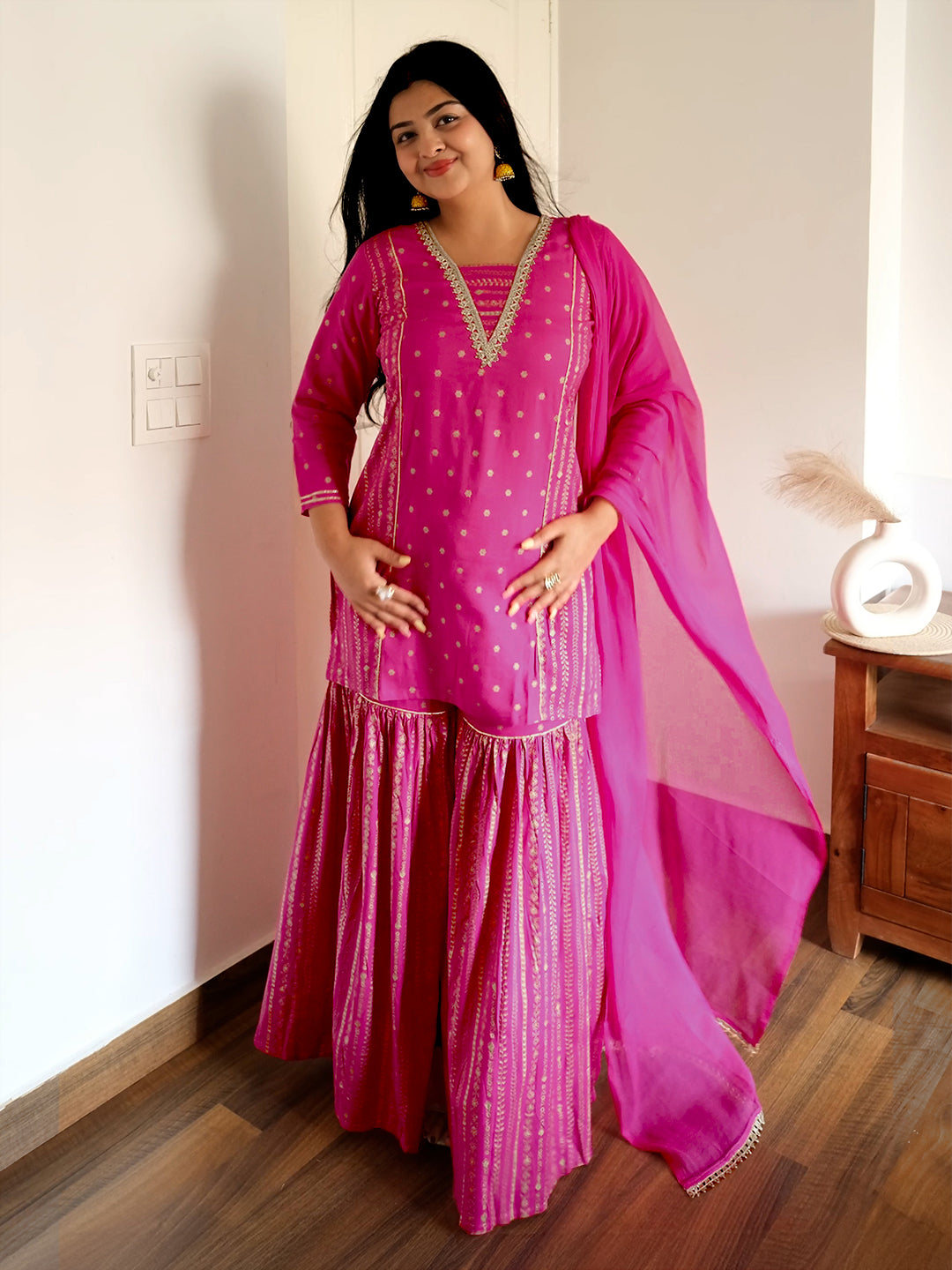 Janasya Women's Pink Rayon Gold Foil Printed Kurti With Sharara & Dupatta Set