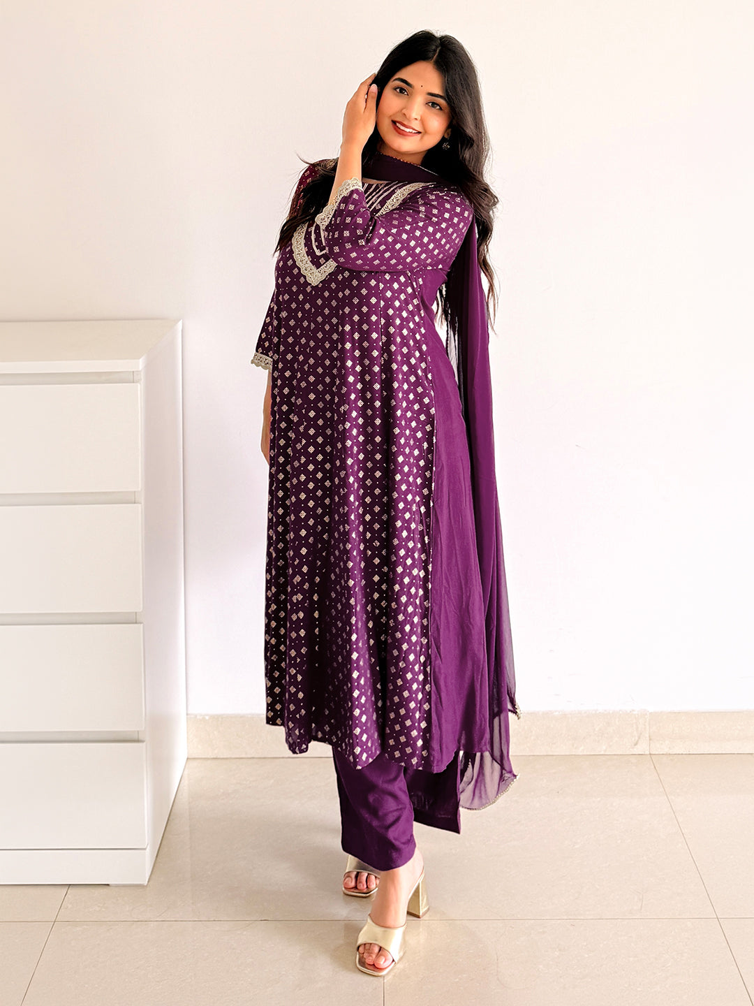 Janasya Women's Purple Rayon Embellished Gold Printed Anarkali Kurta Set